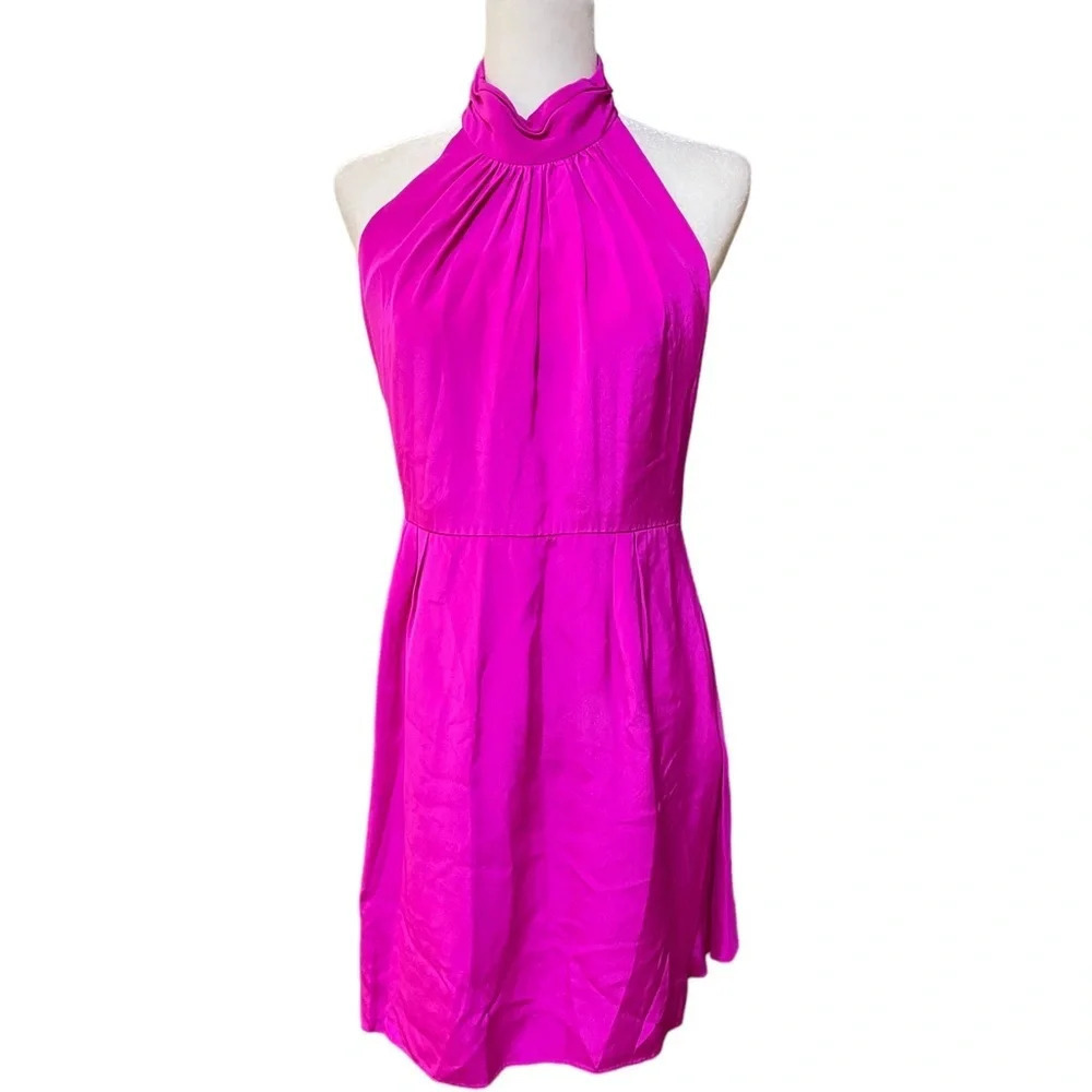 Carmen Marc Valvo Fuchsia Ruffle Halter Dress